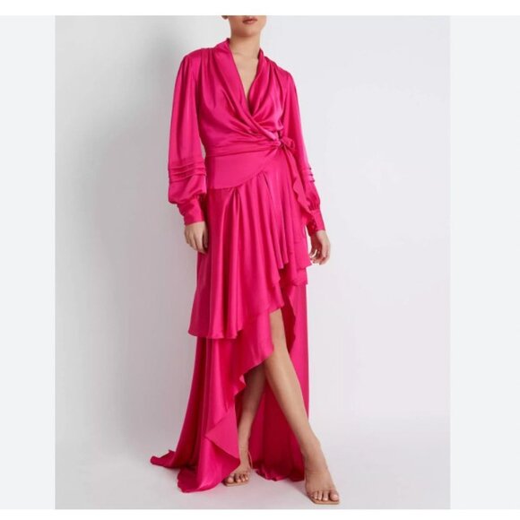 PatBO Dresses & Skirts - PatBO Hi-Low Maxi Wrap Dress Womens 2 Pink Satin Long Sleeve Ruffle Party